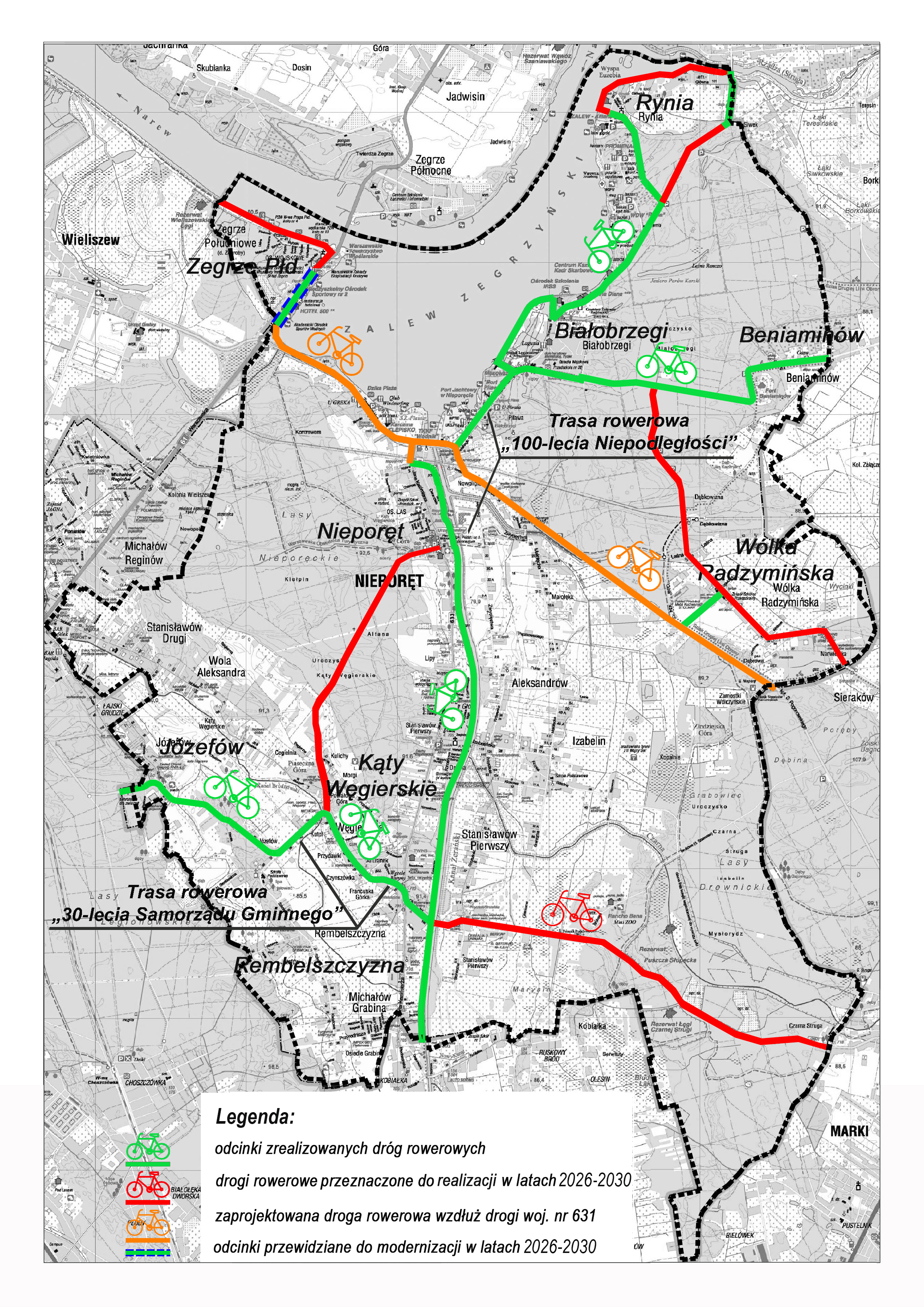 Mapa ukazująca przebieg dróg rowerowych na terenie Gminy Nieporęt oraz te zaplanowane do budowy lub modernizacji