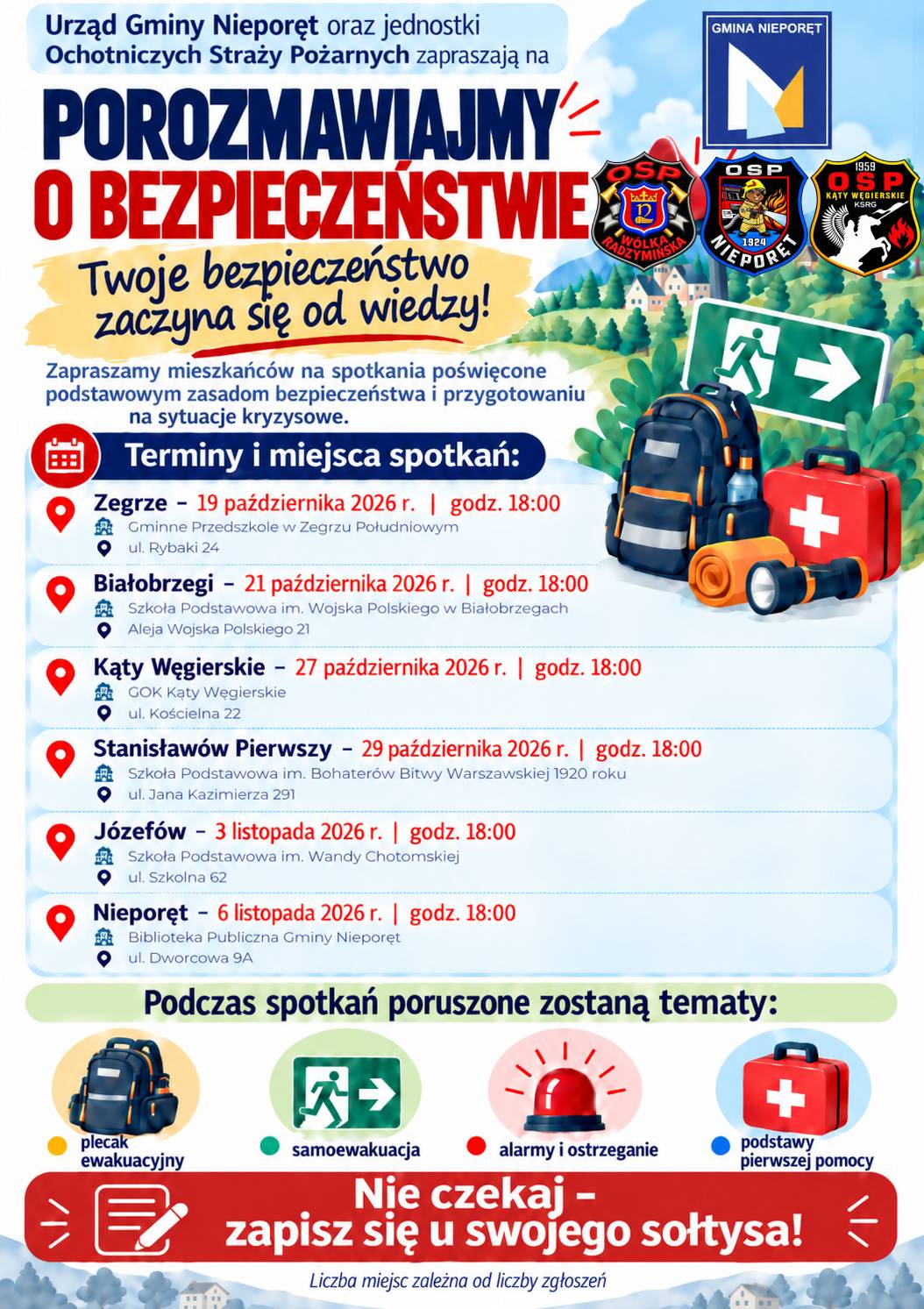 Plakat z informacja o wydarzeniu Porozmawiajmy o bezpieczeństwie - cykl spotkań dla mieszkańców Gminy Nieporęt