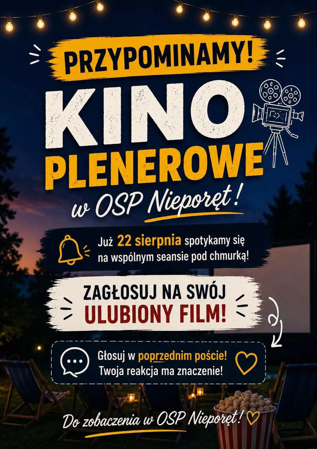 Plakat informujący o wydarzeniu Plenerowe kino letnie 22 sierpnia 2026 roku przy siedzibie OSP w Nieporęcie