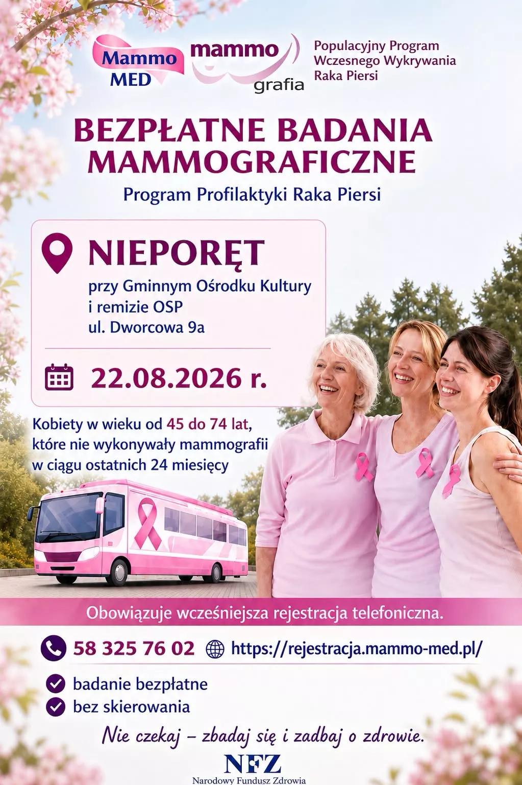 Plakat informujący o Bezpłatnych Badaniach Mammograficznych przy siedzibie Gminnego Ośrodka Kultury w Nieporęcie