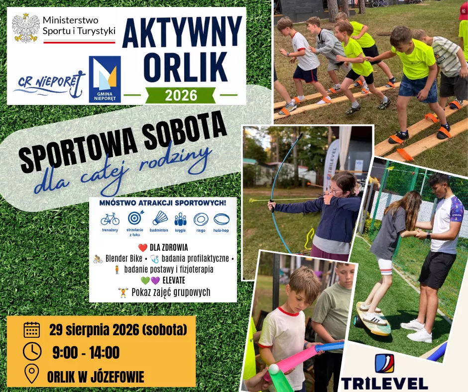 Grafika informująca o pikniku sportowym „Aktywny Orlik”, na grafice zdjęcia dzieci biorących udział w zajęciach sportowych