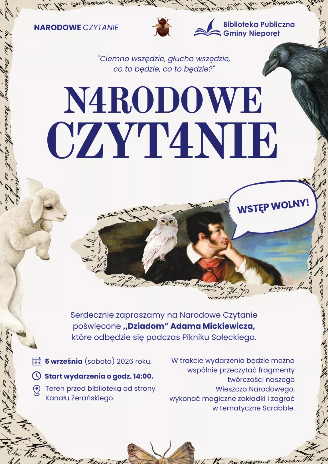 Plakat z opisem wydarzenia Narodowe Czytanie 2026