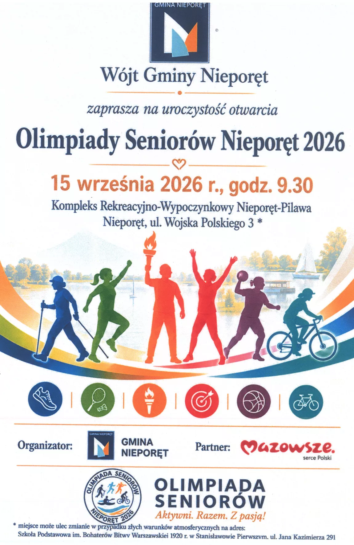 Plakat zapraszający na otwarcie olimpiady seniorów 15 września 2026 roku o godzinie 9.30