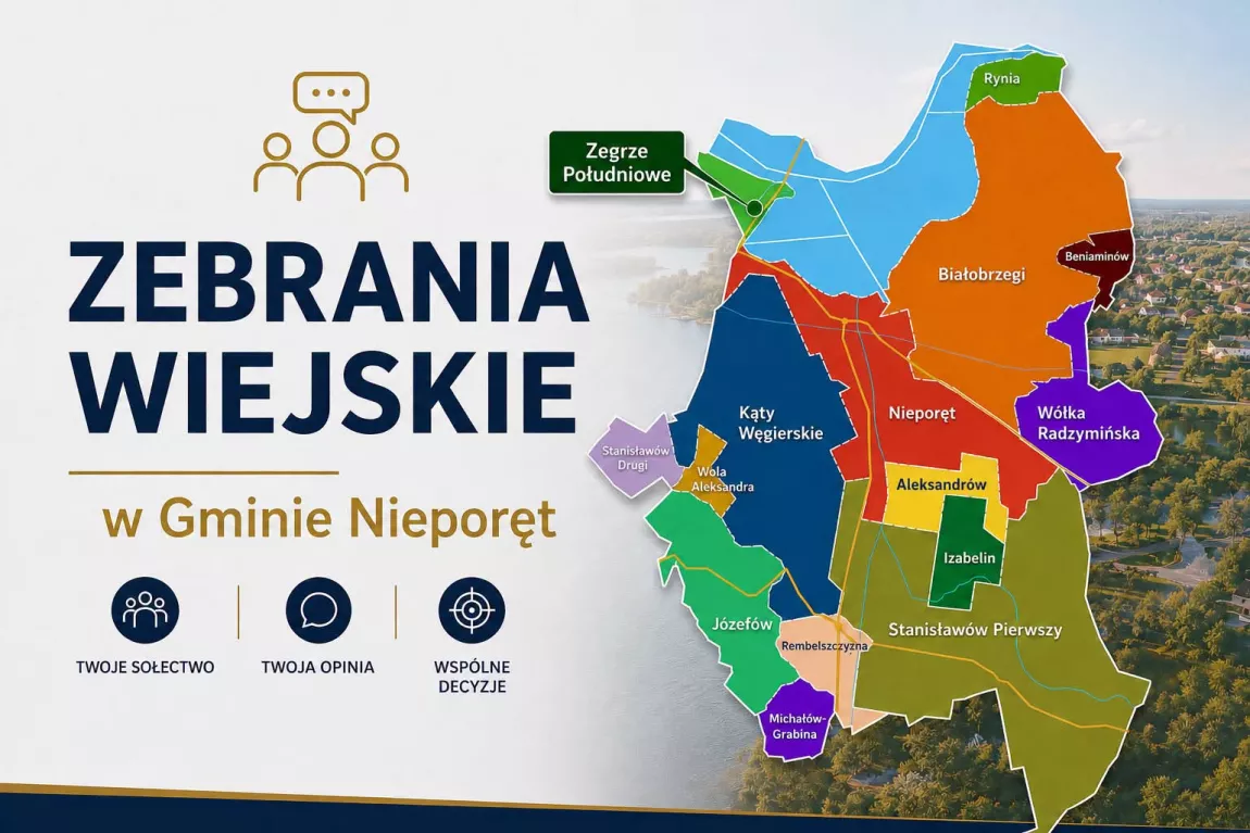 Grafika zachęcająca do udziału w zebraniach wiejskich 2026 - na grafice mapa gminy Nieporęt z podziałem na sołectwa