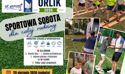 Grafika informująca o pikniku sportowym „Aktywny Orlik”, na grafice zdjęcia dzieci biorących udział w zajęciach sportowych