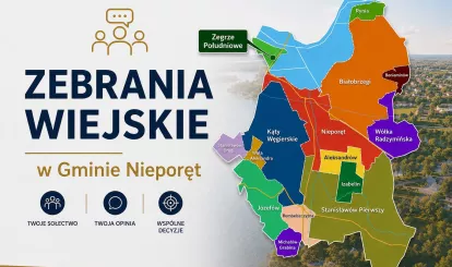 Grafika zachęcająca do udziału w zebraniach wiejskich 2026 - na grafice mapa gminy Nieporęt z podziałem na sołectwa
