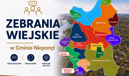 Grafika zachęcająca do udziału w zebraniach wiejskich 2026 - na grafice mapa gminy Nieporęt z podziałem na sołectwa