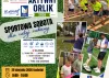 Grafika informująca o pikniku sportowym „Aktywny Orlik”, na grafice zdjęcia dzieci biorących udział w zajęciach sportowych