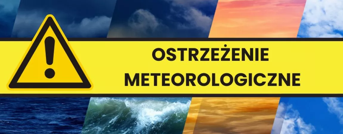 Grafika do komunikatu z ostrzeżeniami meteorologicznymi, na grafice chmury i słońce, 